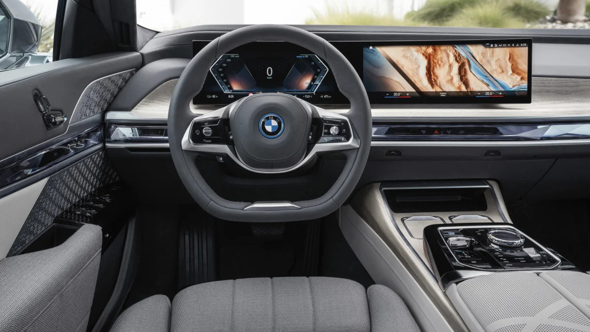 BMW i7 xDrive Oxid Grey interior from driver
