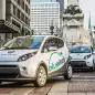 BlueIndy Carsharing EVs by the War Memorial in Indianapolis, Indiana.