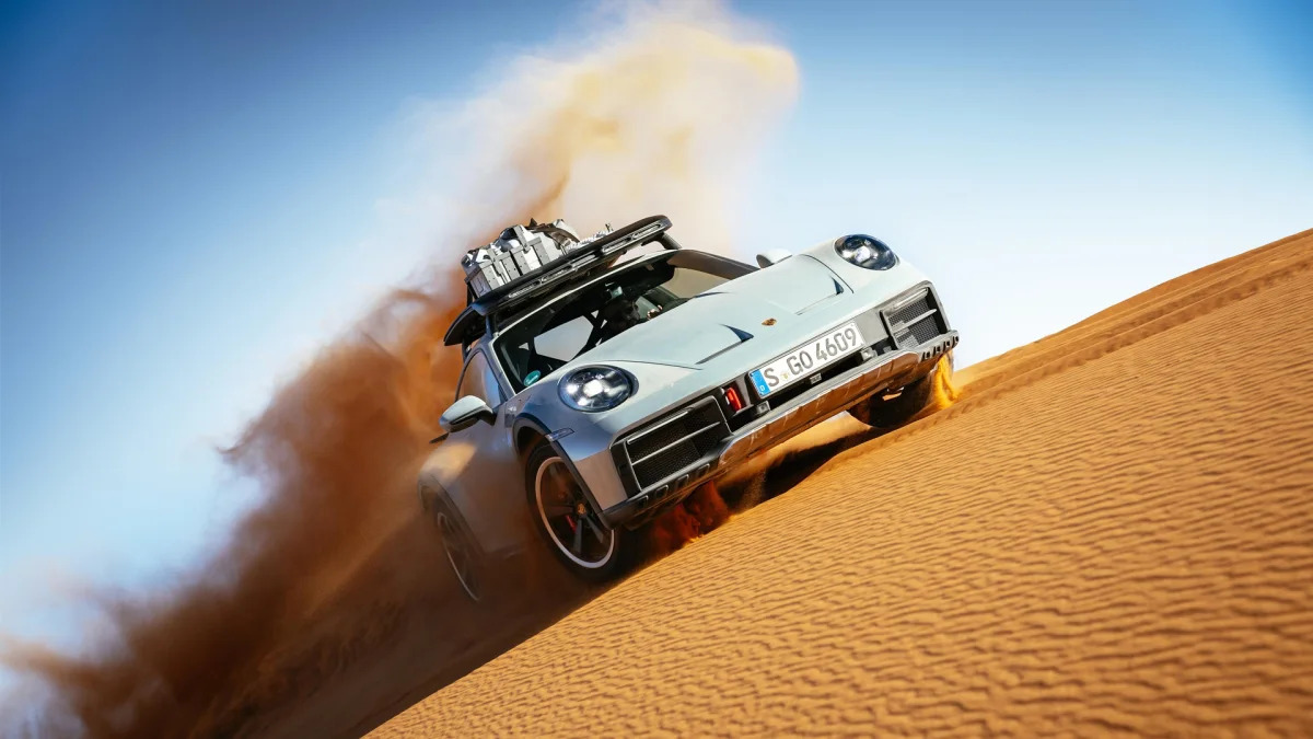 2023 Porsche 911 Dakar in Shade Green front on dune
