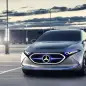 Mercedes Concept EQA revealed at the 2017 Frankfurt Motor Show, front with wing graphic.