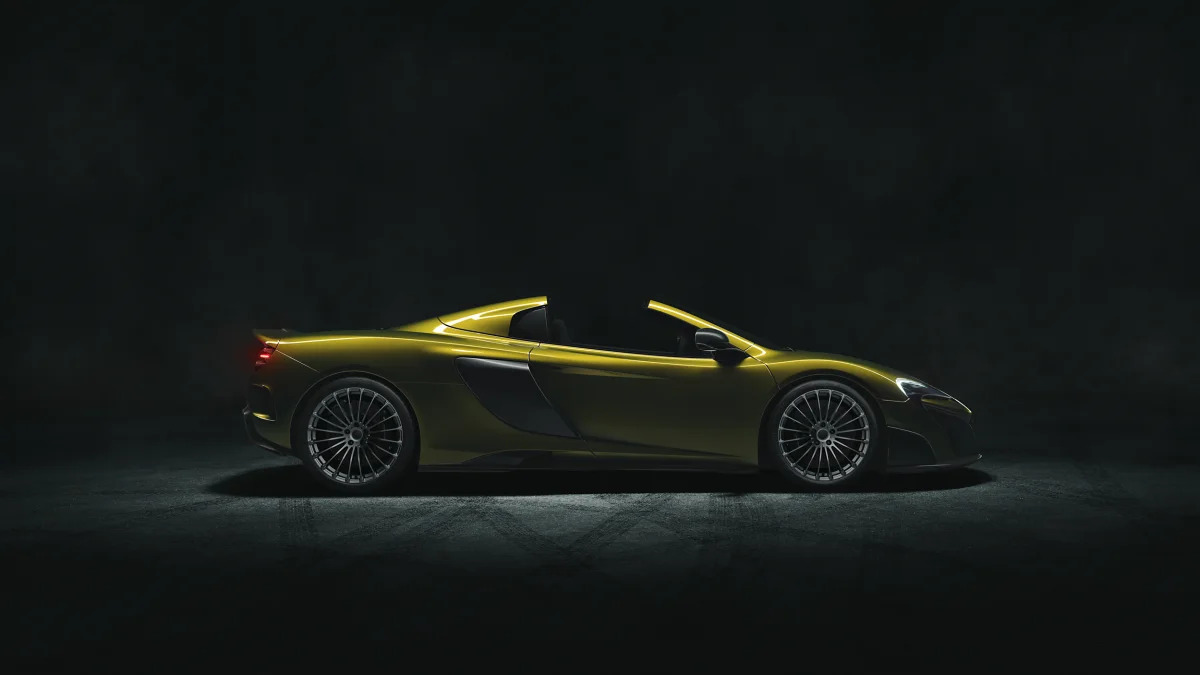 The McLaren 675LT Spider, side view, roof down.