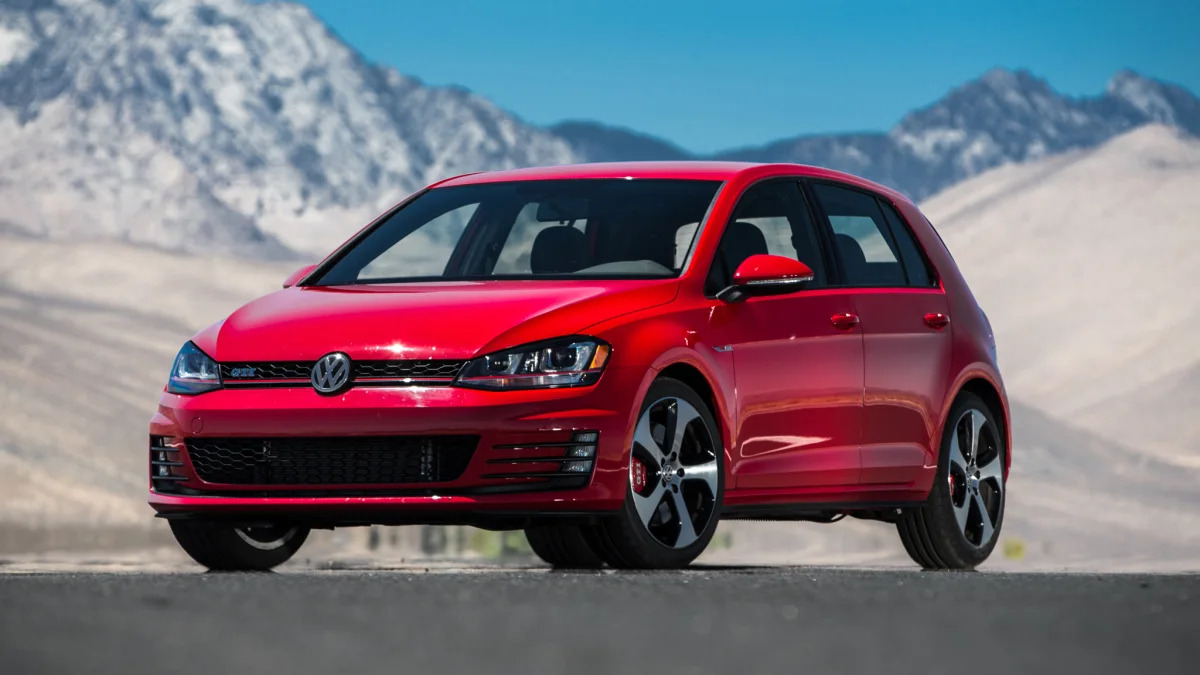 Volkswagen GTI in red with mountain backdrop