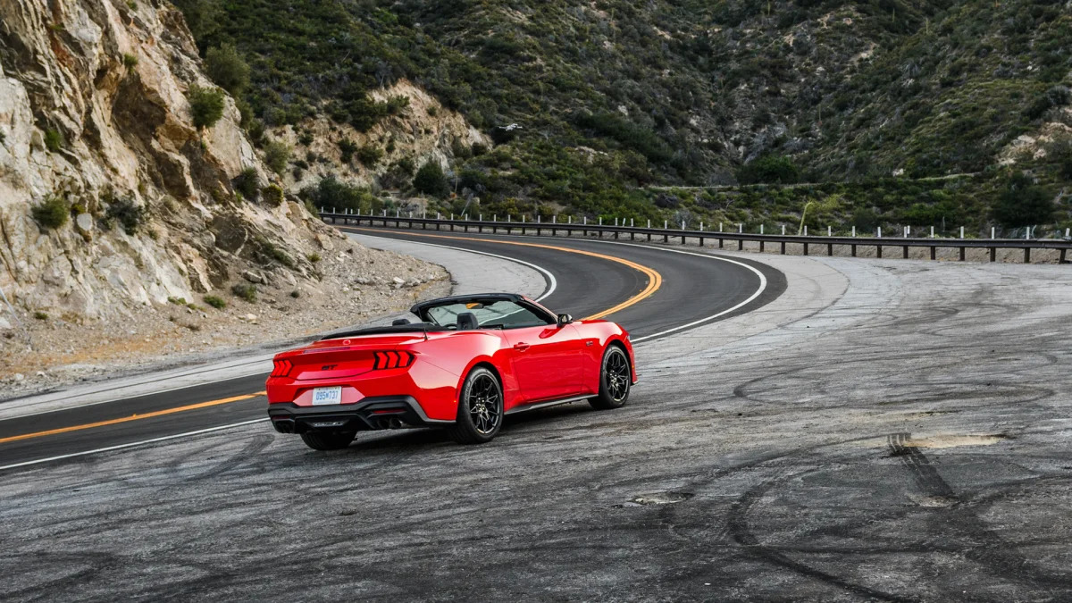 2024 Ford Mustang GT Convertible on Angeles Crest before a lowered G37 drive by