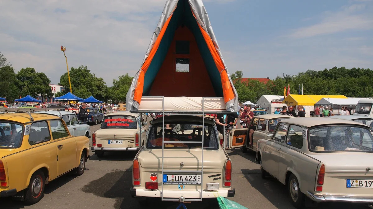 A Trabi with a tent on top at the 2015 Trabant Fest in Zwickau, Germany