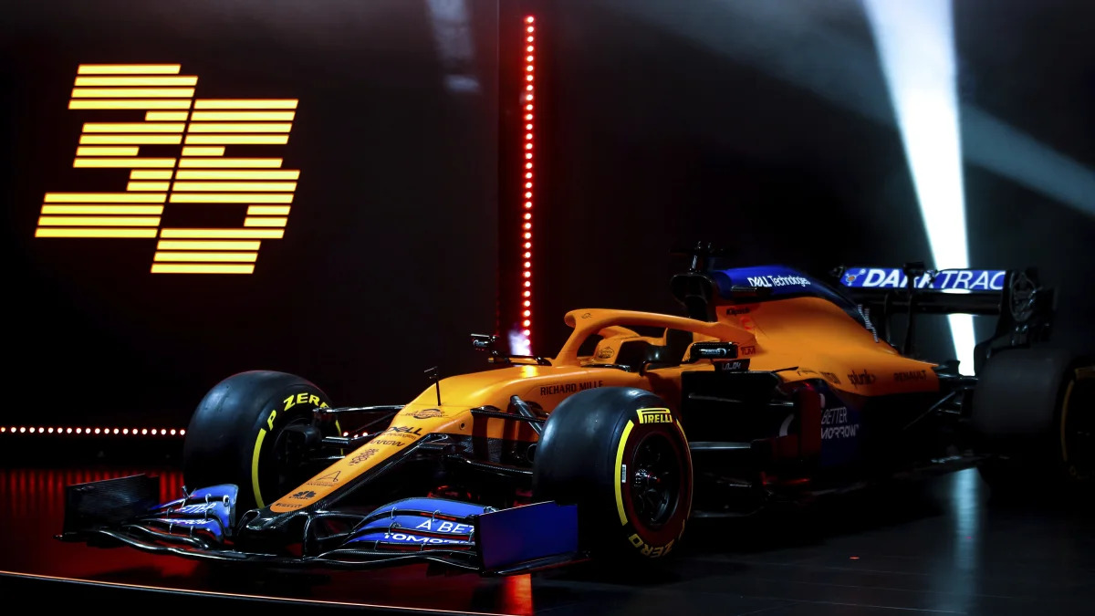 IMAGE DISTRIBUTED FOR MCLAREN - McLaren unveils its 2020 Formula 1 car, the MCL35, at the McLaren Technology Centre on Thursday, Feb. 13, 2020, in Woking, United Kingdom. Press release and full launch media assets available to download at http://www.apmultimedianewsroom.com/multimedia-newsroom/mclaren-reveals-the-mcl35-to-the-world. (Zak Mauger/McLaren via AP Images)
