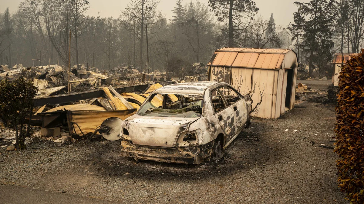 ASHLAND, OR - SEPTEMBER 11: The remnants of a mobile home park that was destroyed by wildfire are seen on September 11, 2020 in Ashland, Oregon. Hundreds of homes in Ashland and nearby towns have been lost due to wildfire. (Photo by David Ryder/Getty Images)