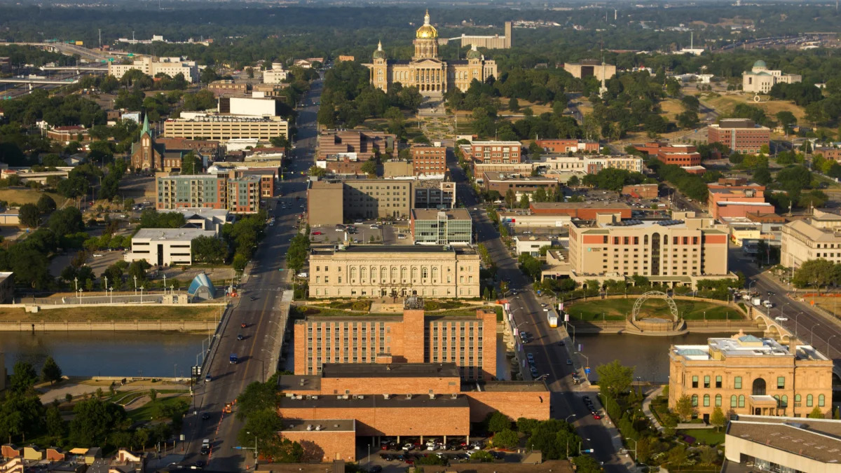 Aerial view of Des Moines downtown buildings, Des Moines River, and Iowa state capitol building