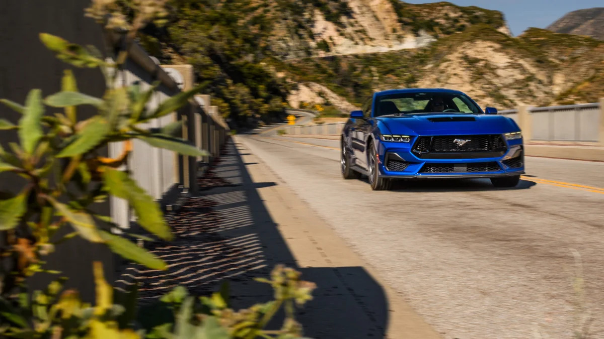 2024 Ford Mustang GT action front on bridge