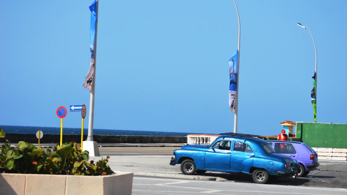 classic cars blue purple ocean havana cuba 