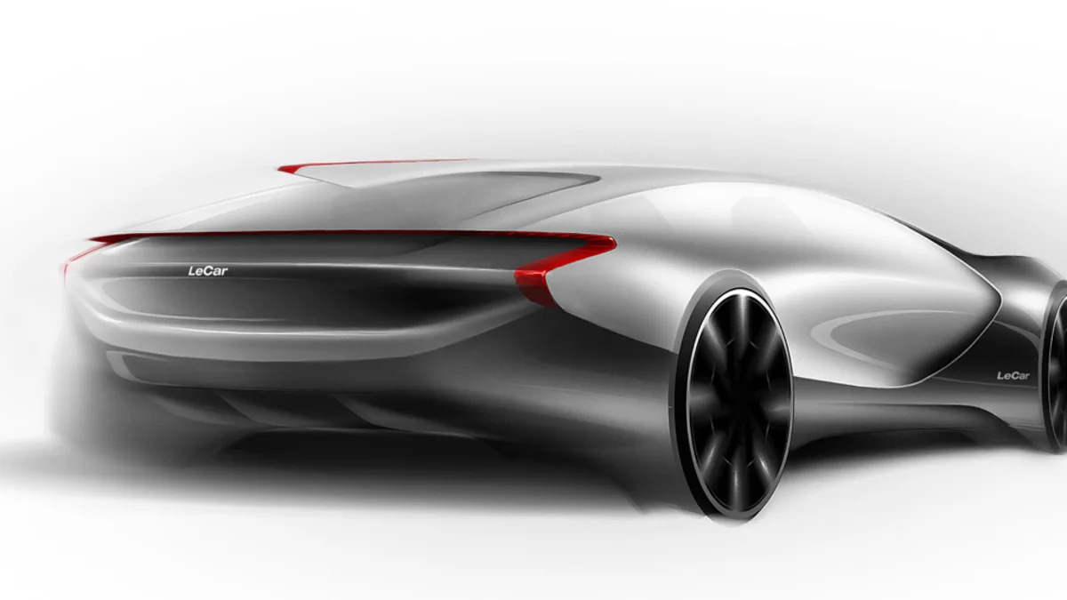 Sketch of the Le* Car electric vehicle, a product of China's Le TV, described as that country's version of Netflix, rear three-quarter.