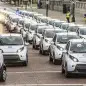 About 30 BlueIndy Carsharing EVs lined up