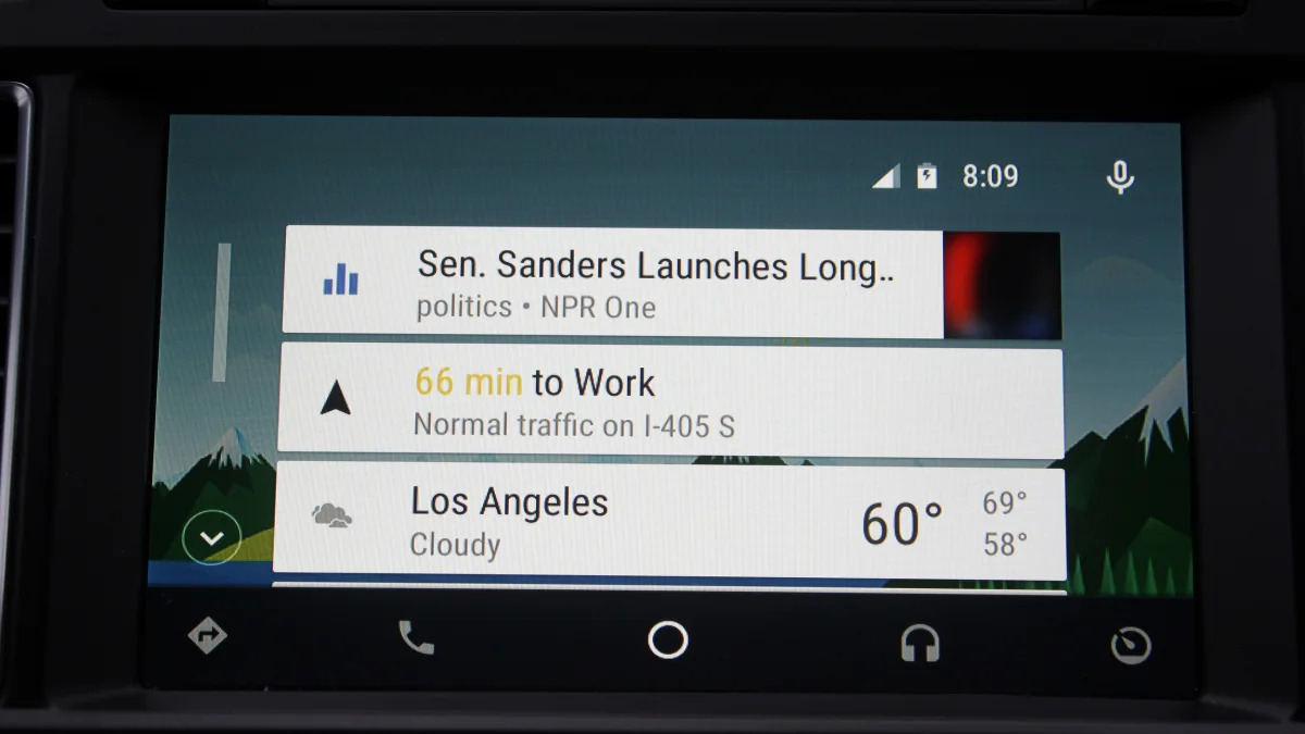 The Google Now screen inside Android Auto.