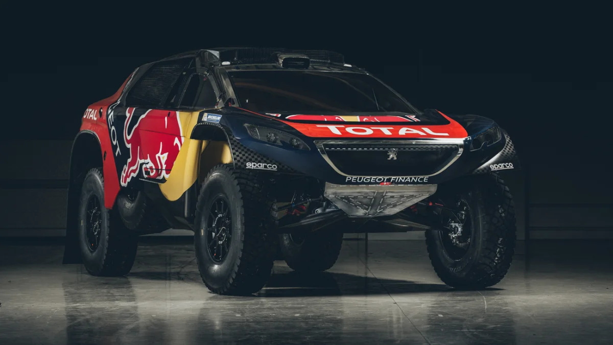 The Peugeot 2008 DKR for the 2016 Dakar Rally, front three-quarter view.