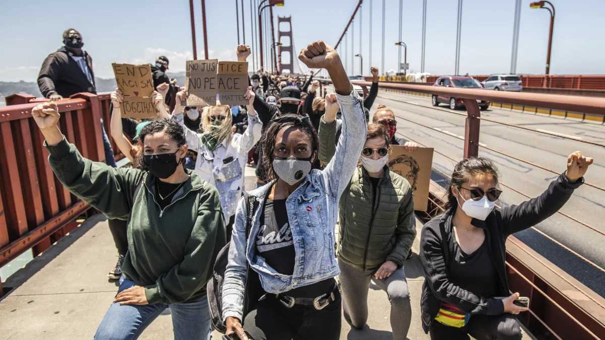 SAN FRANCISCO, CA- JUNE 6: Protestors demonstrate on the Golden Gate Bridge in Francisco, California on June 6, 2020 after the death of George Floyd. Credit: Chris Tuite/ImageSPACE/MediaPunch /IPX