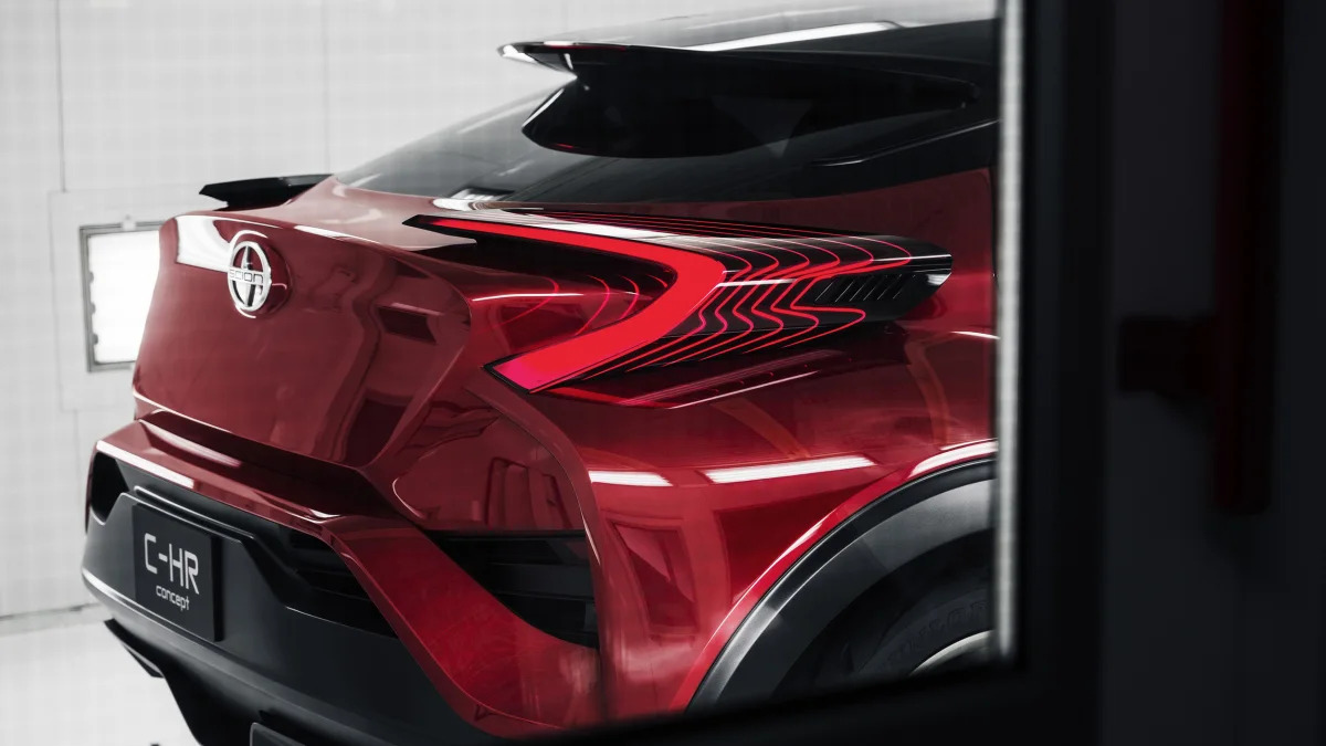 The Scion C-HR concept shown off in red for the LA Auto Show, rear hatch detail.