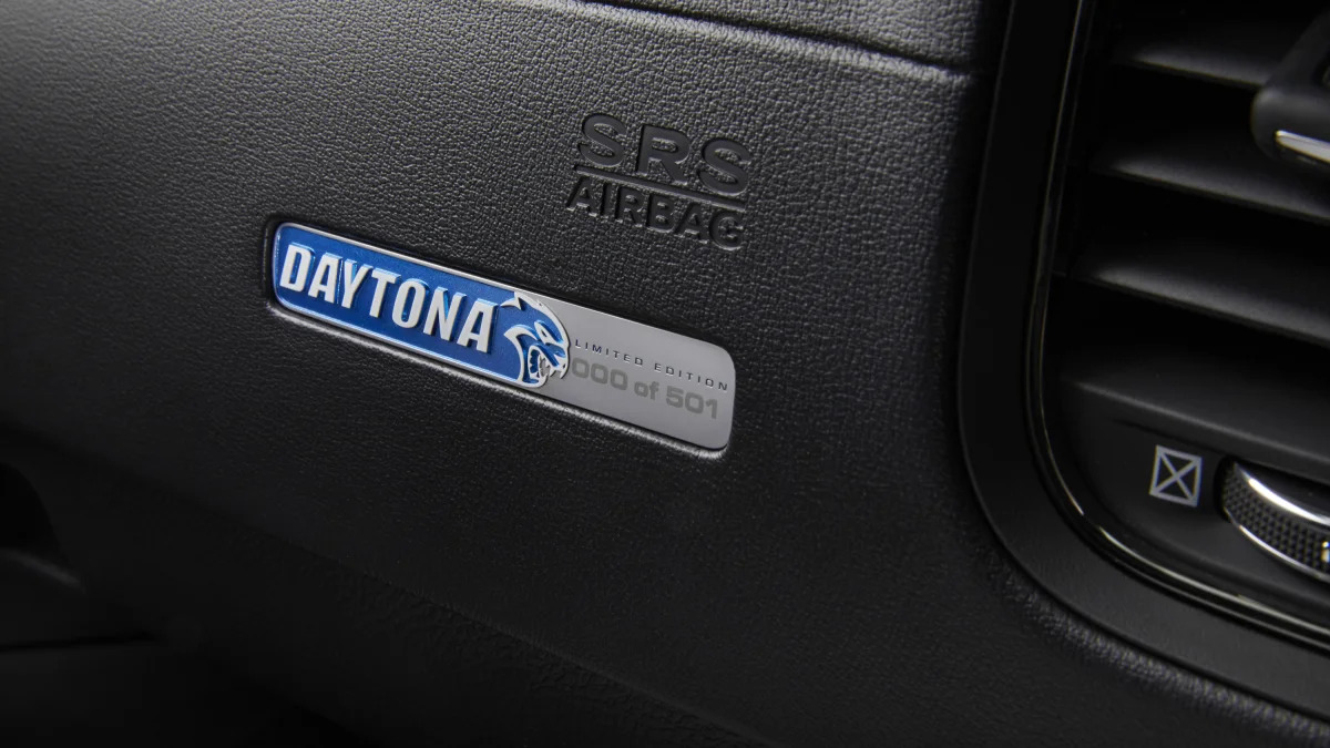 A custom IP badge with the Hellcat and Daytona logos is located