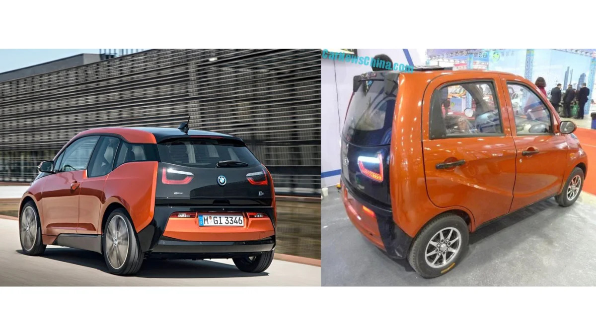 BMW i3 and Jinma Chinese copy rear three quarter in orange