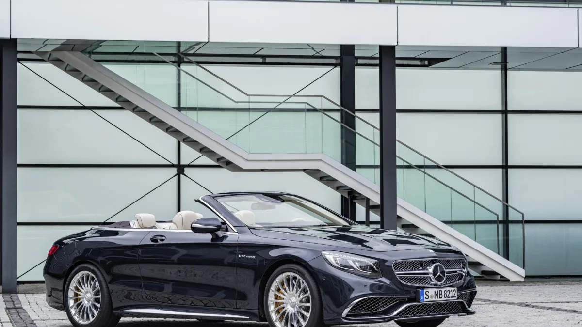 Mercedes-AMG S65 Cabriolet roof down front 3/4 static