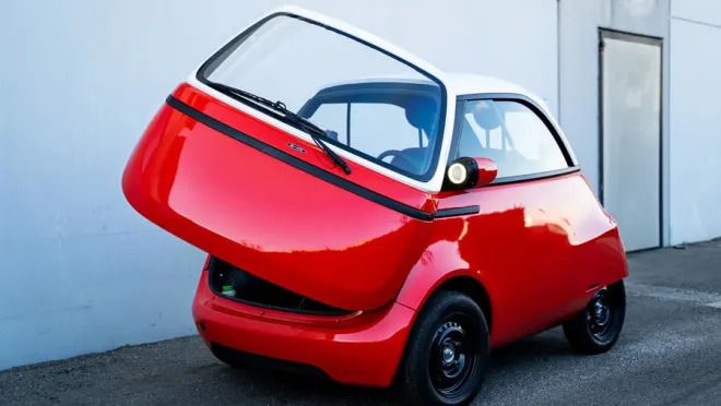 small, electric microlino car soon to be driving along european