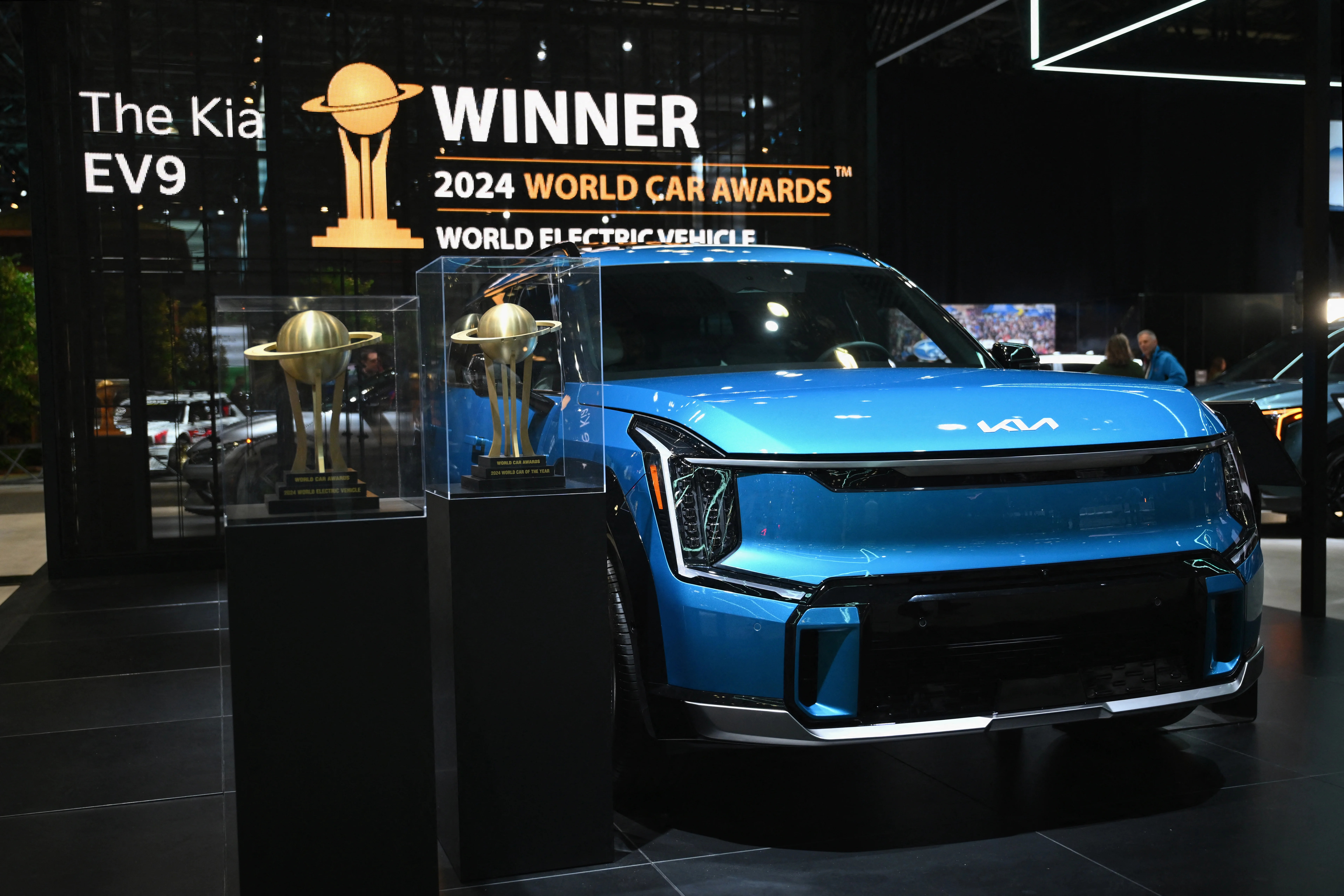 Winner of the 2024 World Car of the Year award, the Kia EV9, is displayed during the New York International Auto Show at the Jacob Javits Convention Center in New York City on March 27, 2024. (Photo by ANGELA WEISS / AFP) (Photo by ANGELA WEISS/AFP via Getty Images)