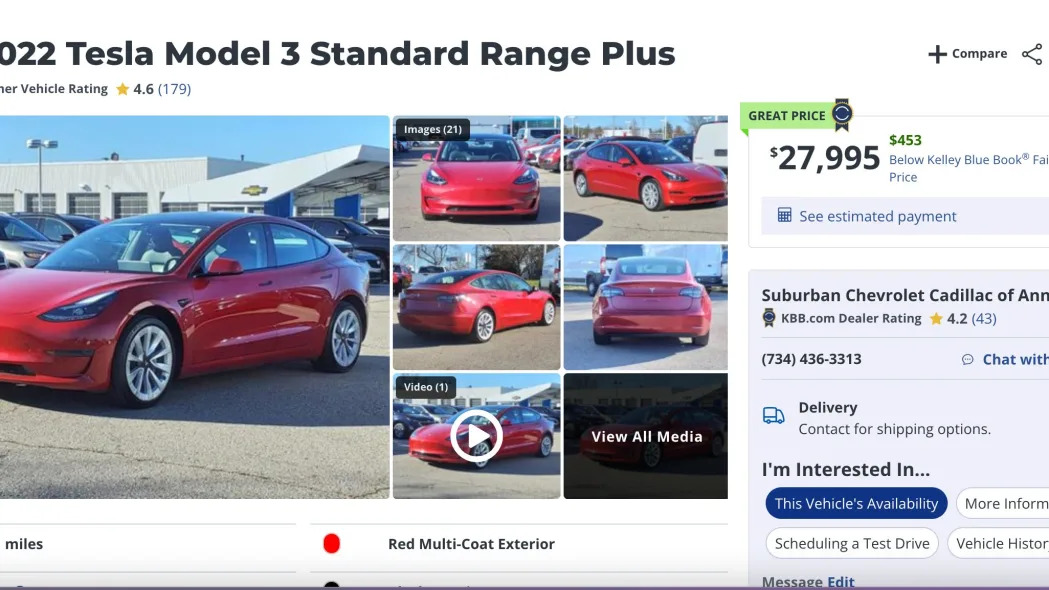 Screen shot of a used Tesla Model 3 listing on KBB