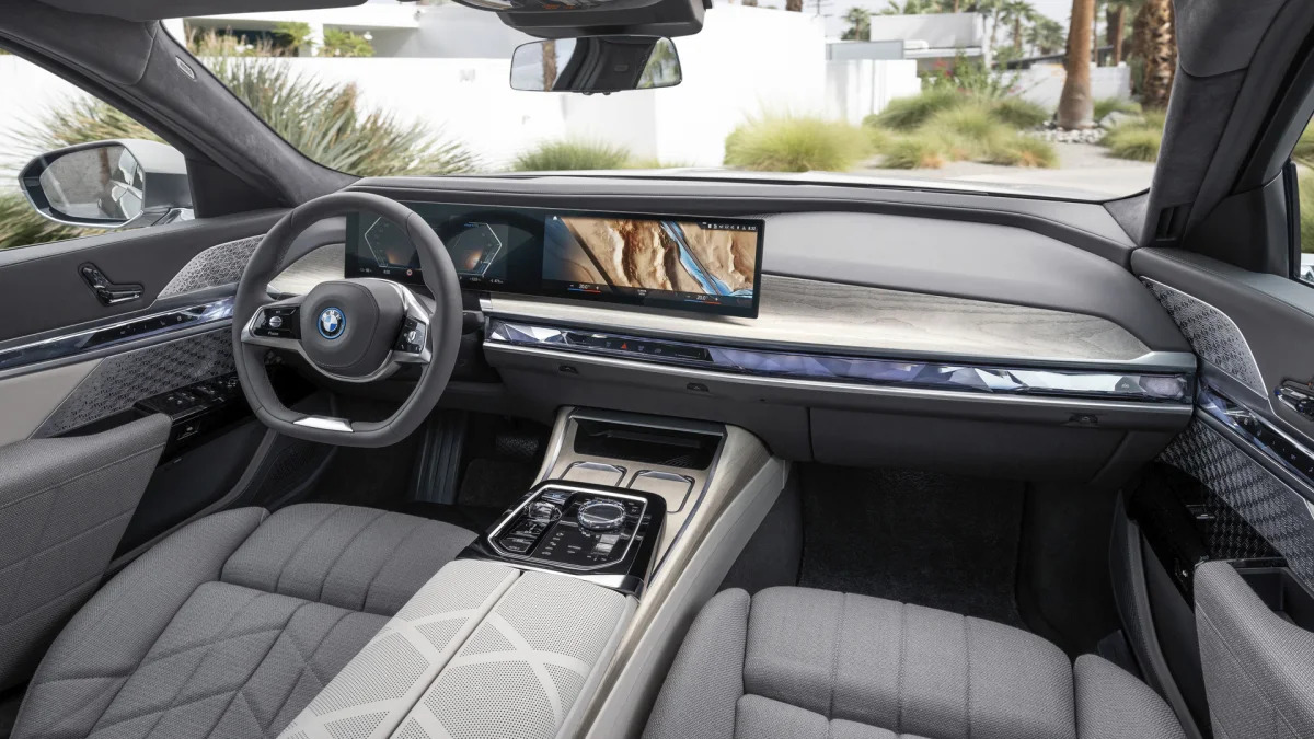 BMW i7 xDrive Oxid Grey interior from back seat