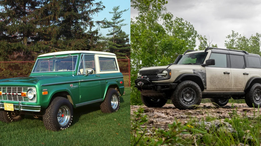 A 1971 Ford Bronco and a 2022 Ford Bronco