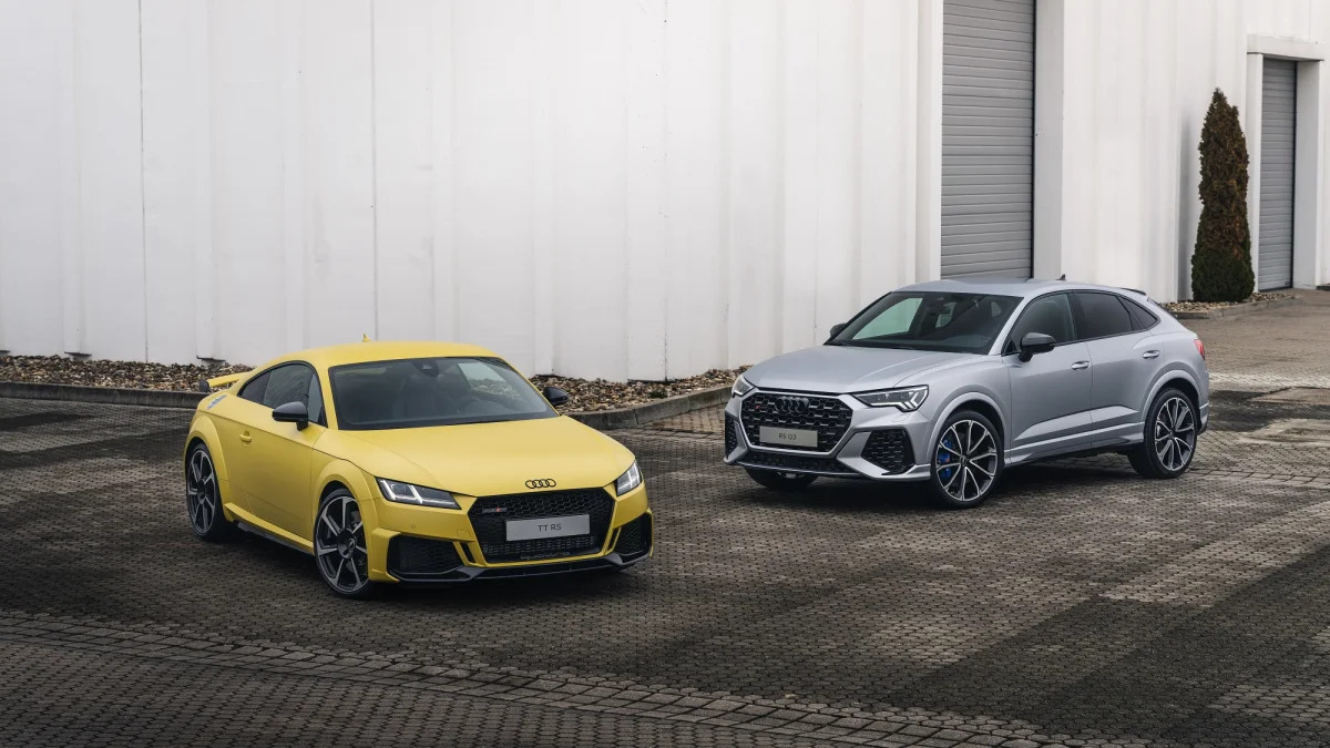 Audi TT in Python Yellow; Audi RS Q3 in Dew Silver