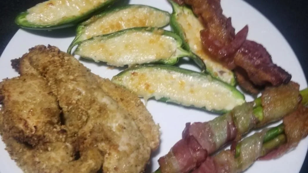 Leftover chicken tenders, bacon wrapped asparagus, and jalapeño poppers.