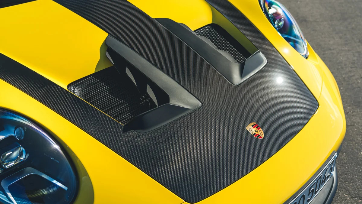 2023 Porsche GT3 RS Weissach package hood with exposed carbon fiber