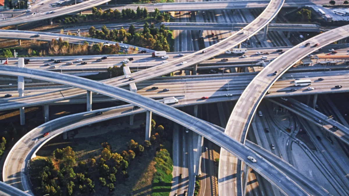 aerial view freeways enterchange twisting turns LA