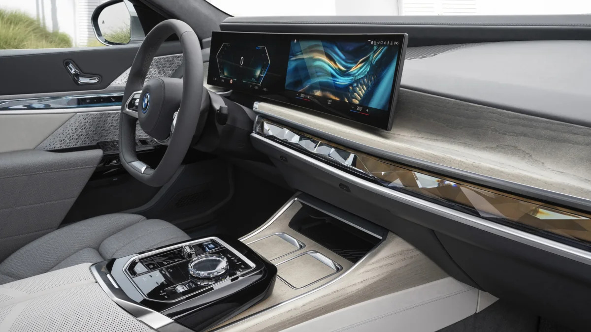 BMW i7 xDrive Oxid Grey interior from passenger