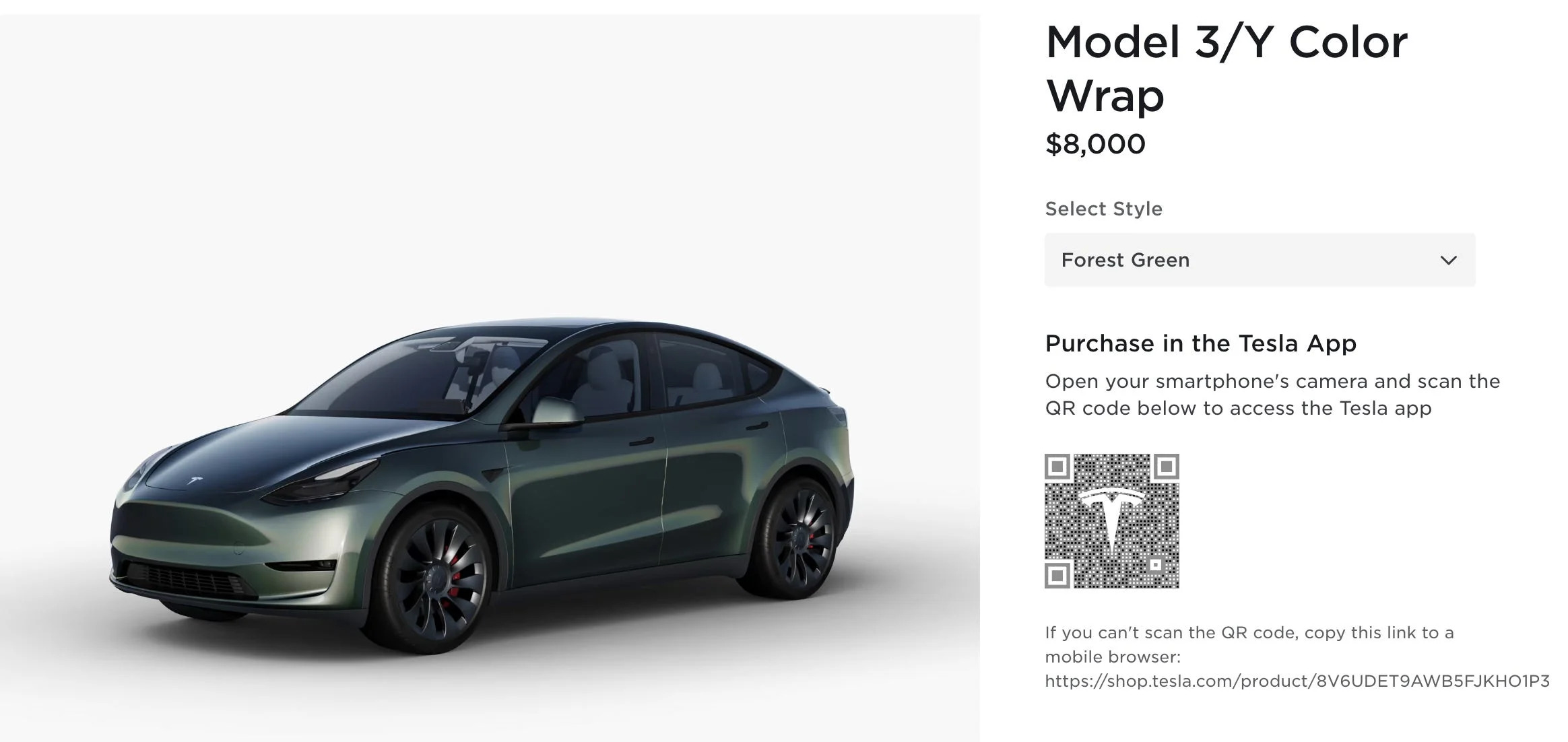 Tesla's online store listing for a Forest Green wrap for the Model 3 and Model Y