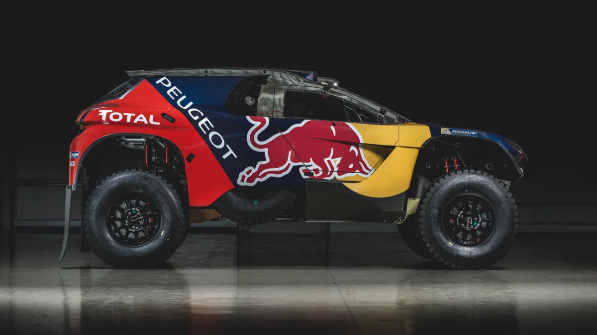 The Peugeot 2008 DKR for the 2016 Dakar Rally, side view.