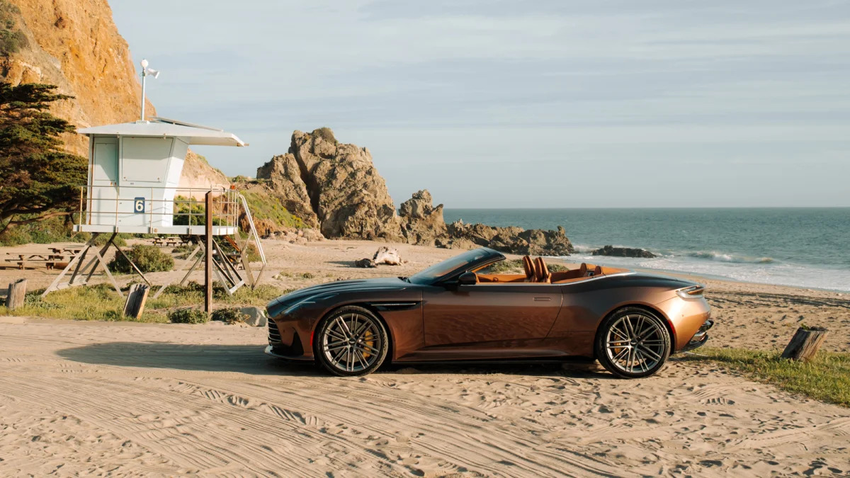 Aston Martin DB12 Volante profile at the beach