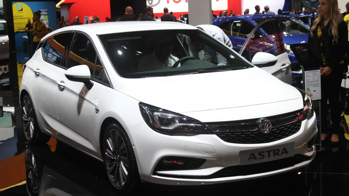 The new 2016 Opel Astra at the Frankfurt Motor Show, front three-quarter view.