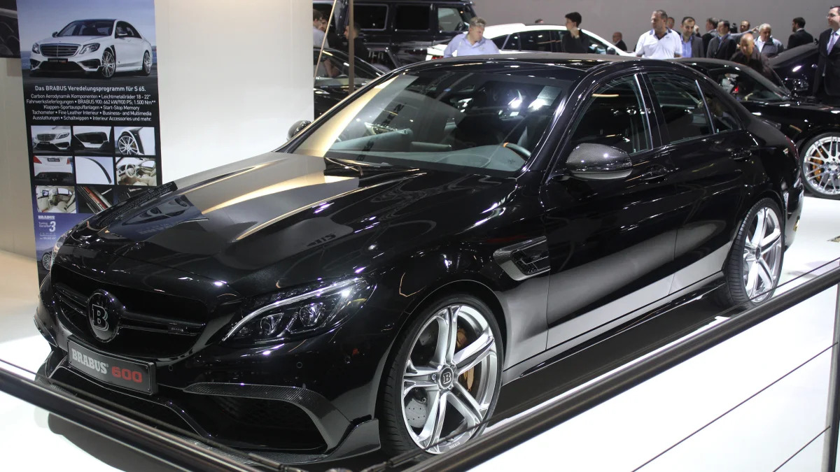 A second variant of the Brabus 600, this one based on the Mercedes-AMG C63 S, is shown off at the 2015 Frankfurt Motor Show, front three-quarter view.