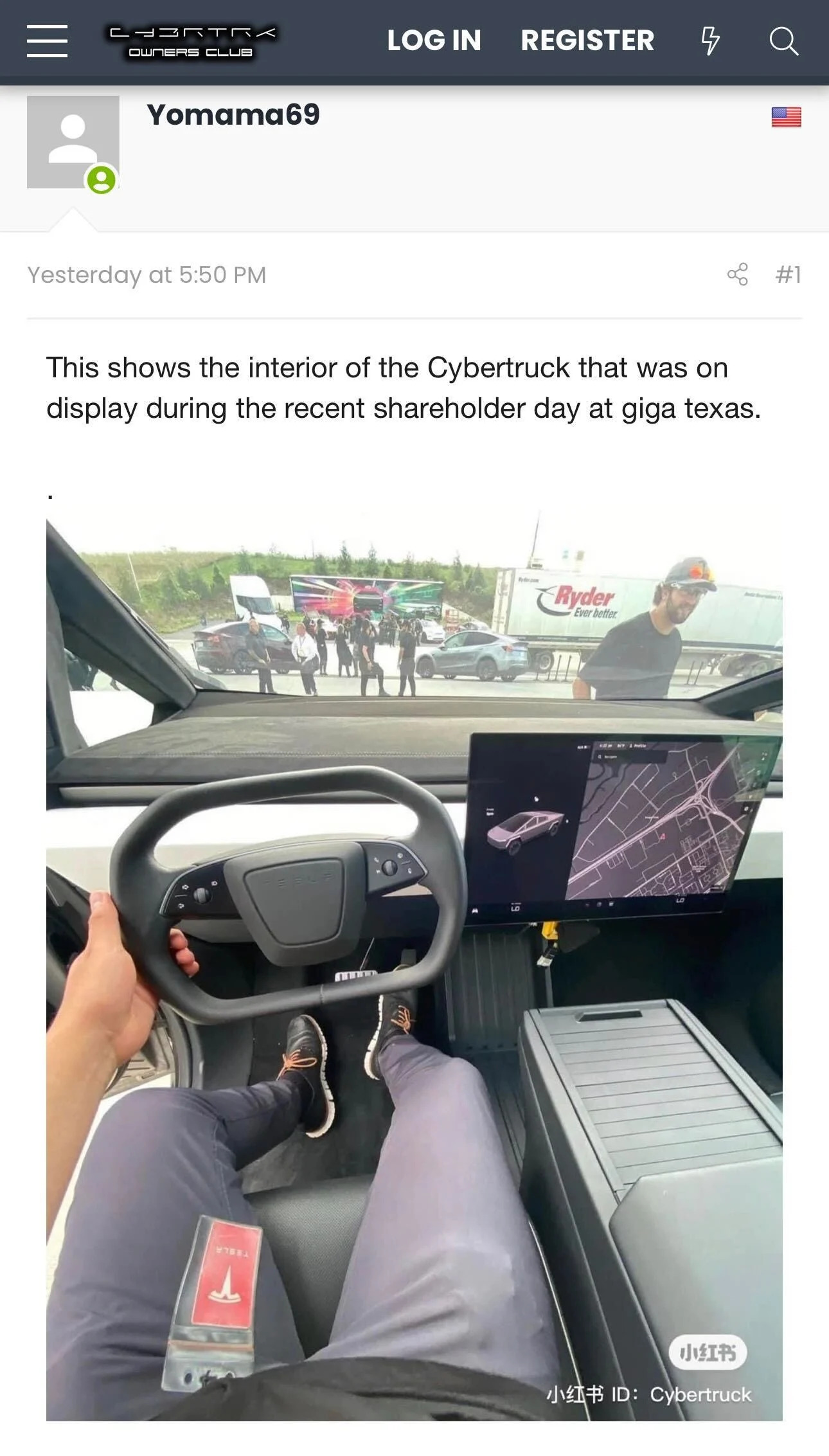 Screenshot of a post on Cybertruck Owners Cluh containing photos of Tesla's Cybertruck interior