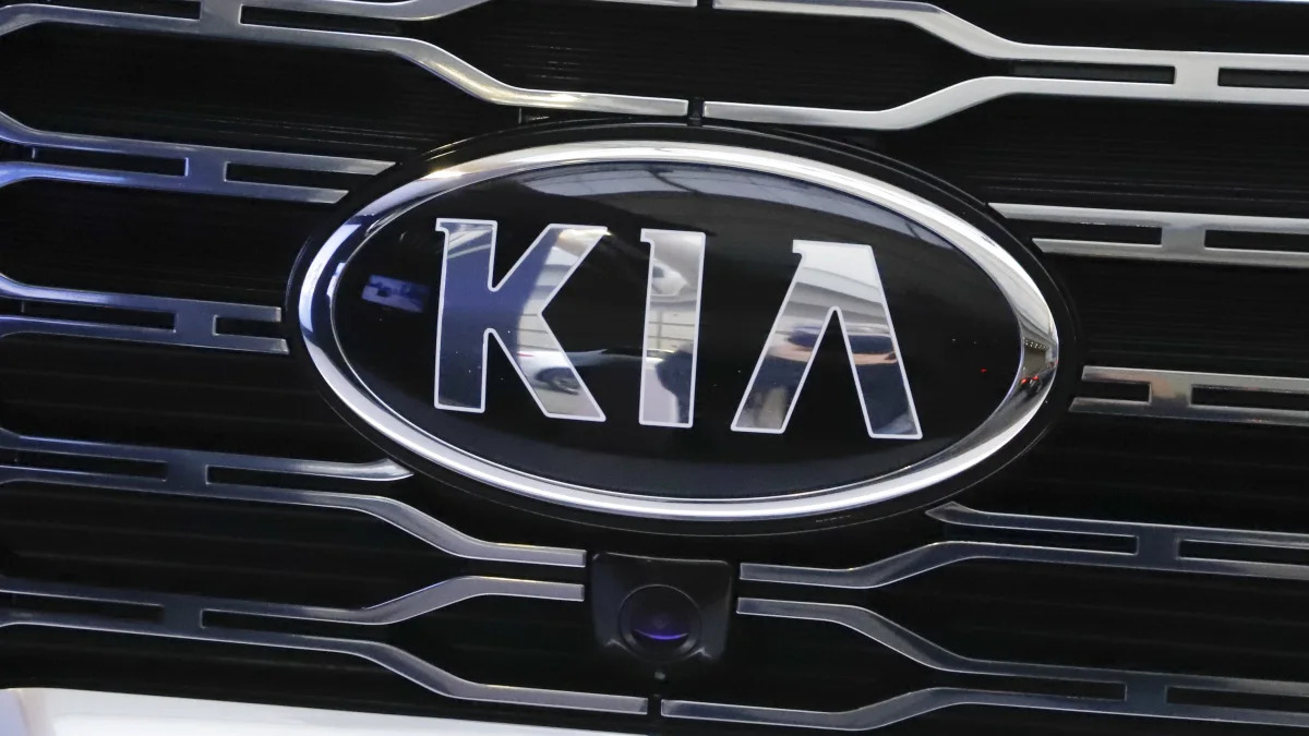 This is the KIA logo on the grill of a 2020 KIA Telluride on display on a sign at the 2019 Pittsburgh International Auto Show in Pittsburgh Thursday, Feb. 14, 2019. (AP Photo/Gene J. Puskar)