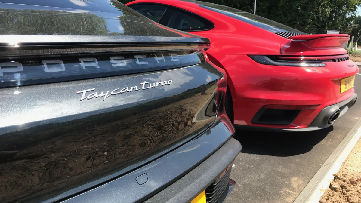 2020 Porsche Taycan Turbo and 911 Turbo S rear detail