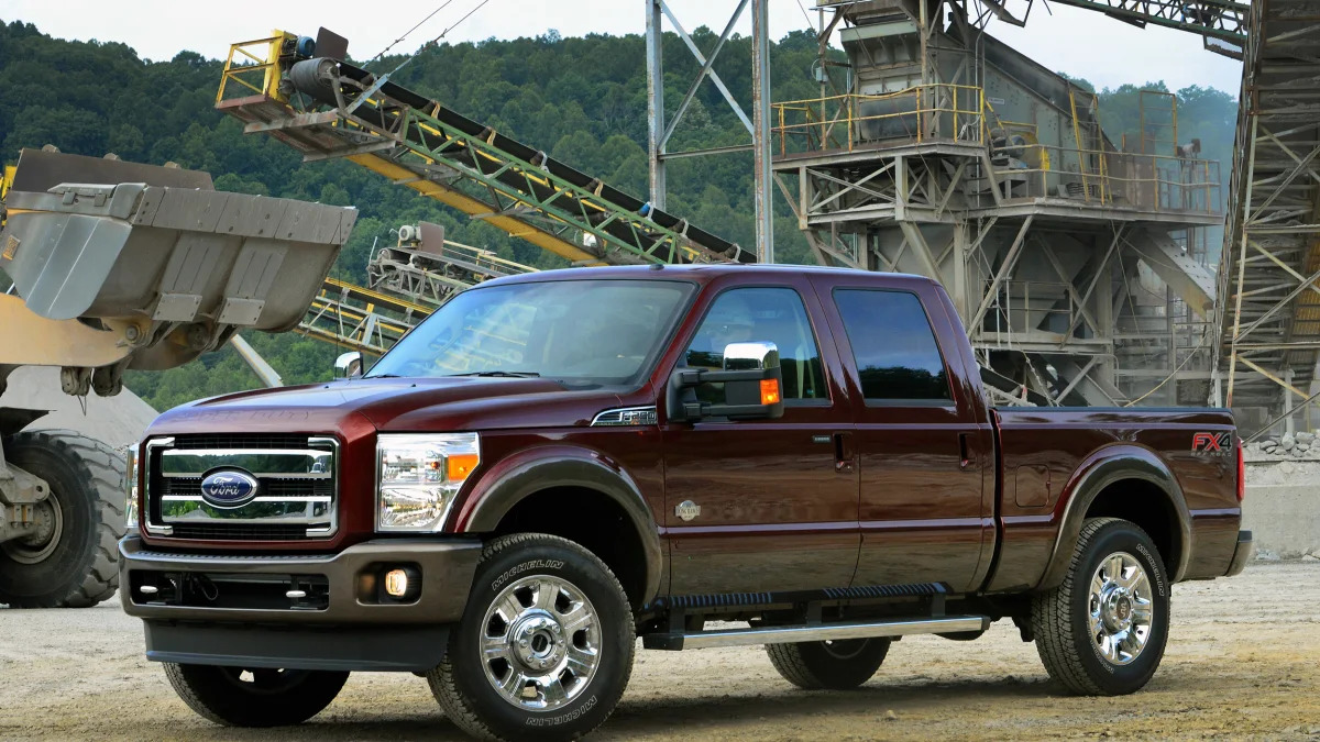 2015 Ford Super Duty in deep red on a job site