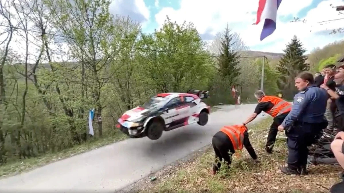 Flying Toyota GR Yaris WRC rally car misses drunken, brawling spectators by seconds