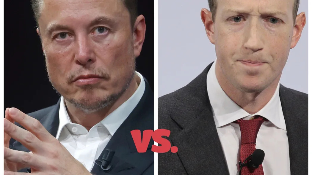 Photo collage of Elon Musk on the left and Mark Zuckerberg on the right