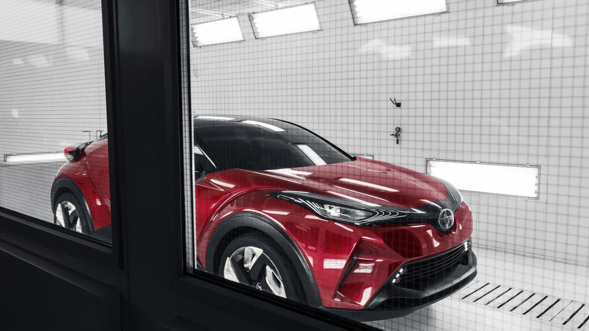 The Scion C-HR concept shown off in red for the LA Auto Show, interior paint booth.