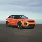 The 2017 Range Rover Evoque Convertible, front three-quarter view, top up.