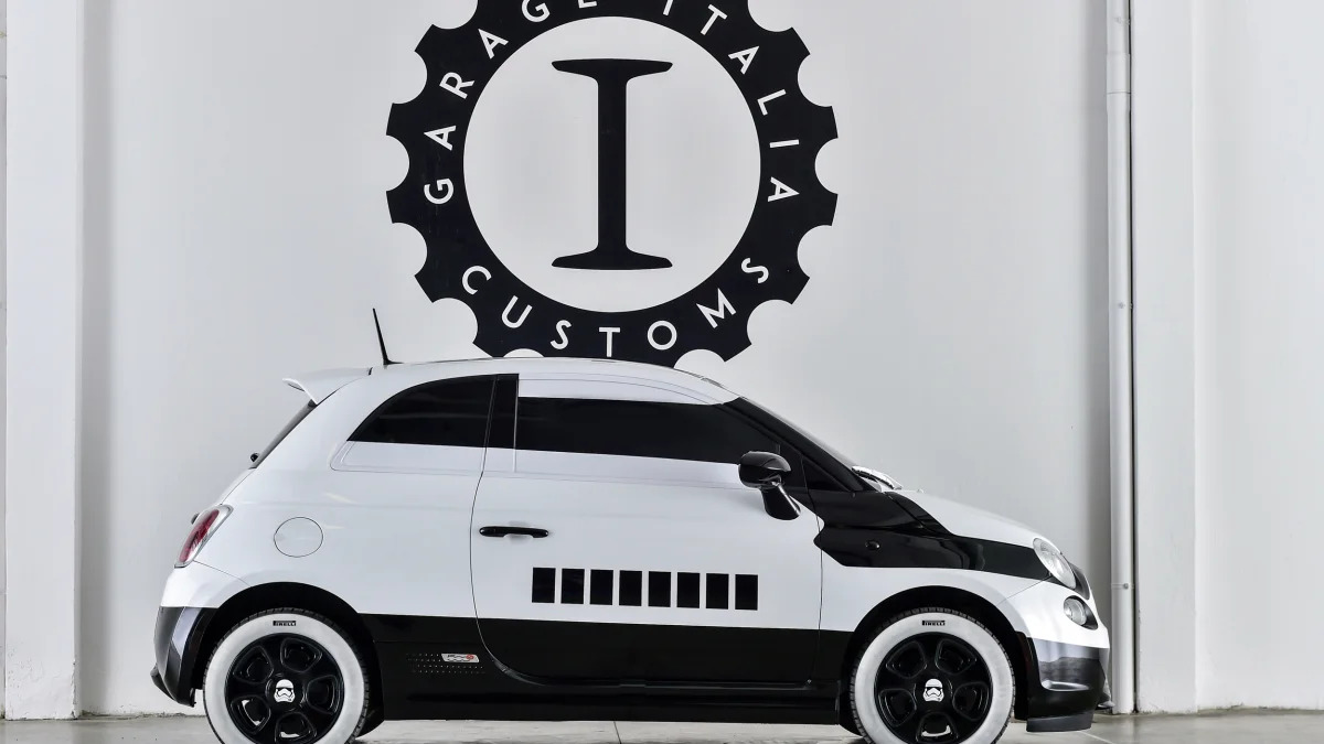 The Fiat 500e Stormtrooper, side view.