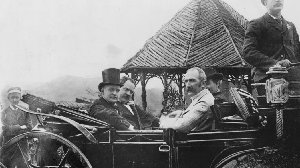 President William McKinley rides in an automobile in 1896.