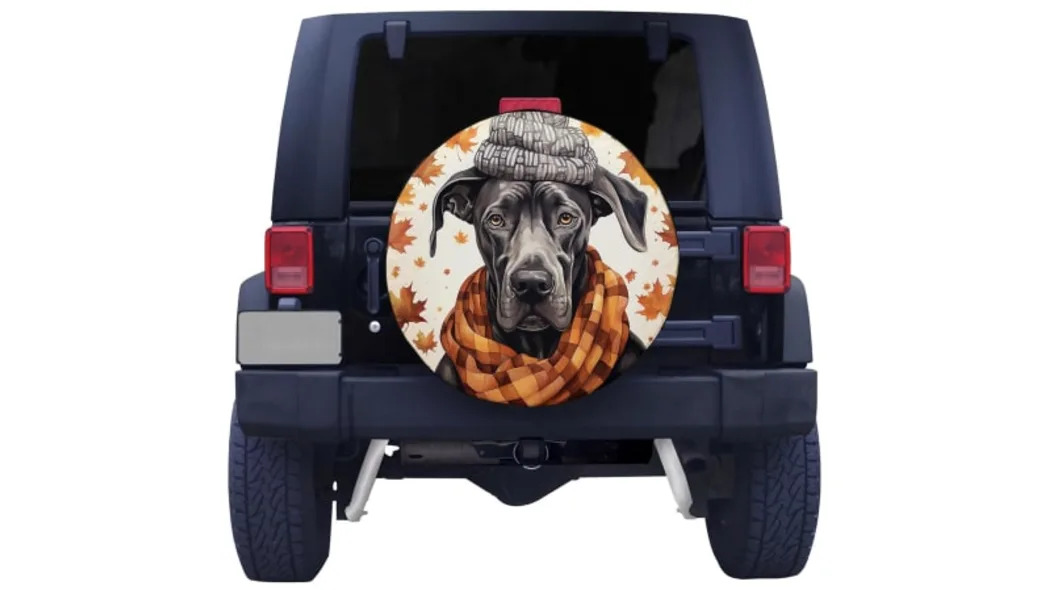 Great Dane Dog is Wearing Scarf and Beanie Spare Tire Cover