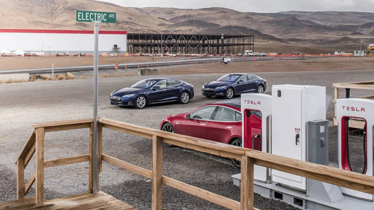 Charging stations and Tesla Model S' at Tesla Gigafactory 1 in Sparks, Nevada.
