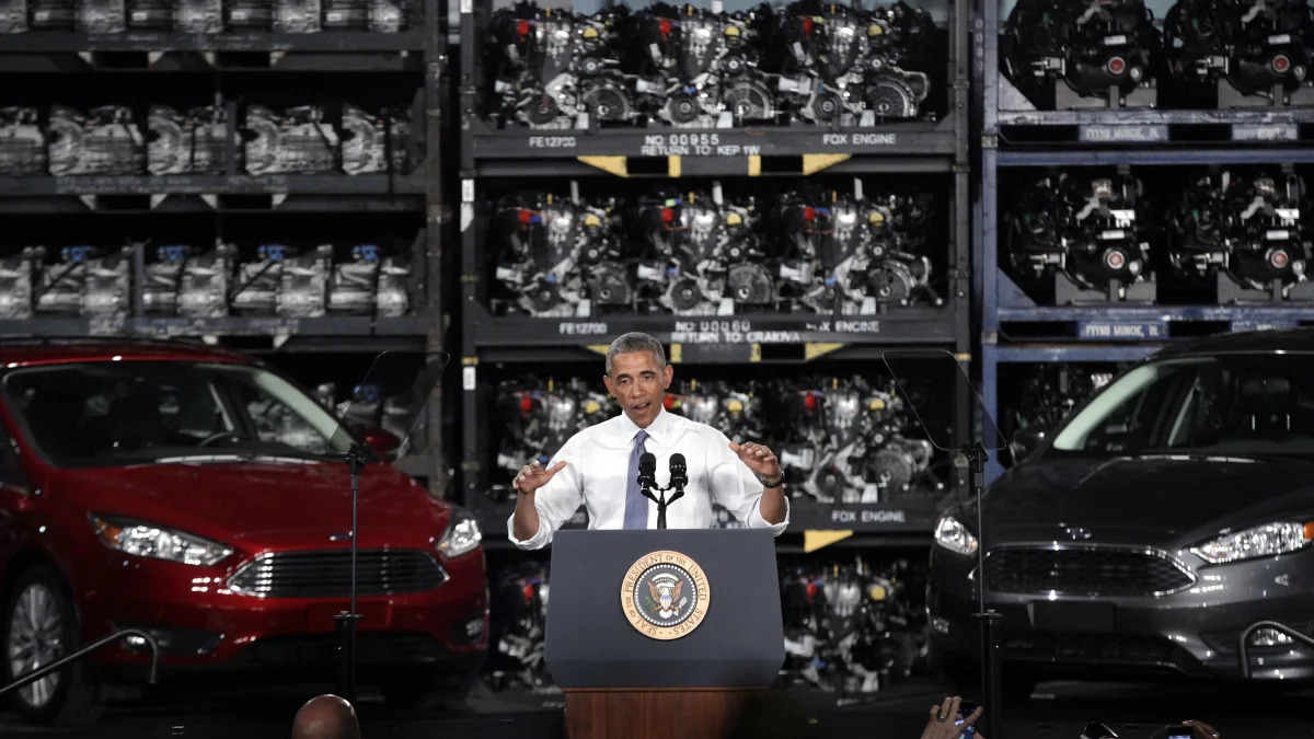 President Barack Obama speaks at the Ford Michigan Assembly Plant in Wayne, Mich., Wednesday, Jan. 7, 2015. (AP Photo/Paul Sancya)